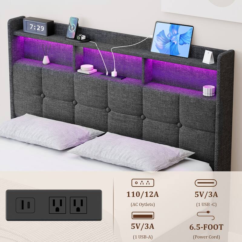 King Size Upholstered Platform Bed with LED Lights, Charging Station & Storage Headboard, No Box Spring Needed