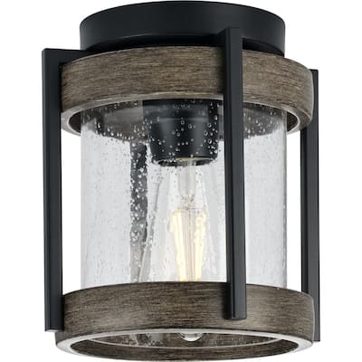 Whitmire Collection One-Light Matte Black Clear Seeded Glass Farmhouse Outdoor Ceiling Mount Light - 7.37 in x 7.37 in x 8 in