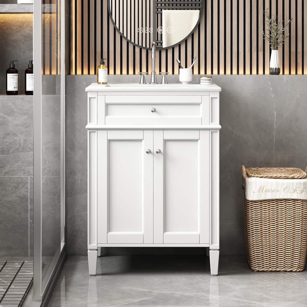 GDFStudio - Carriston Modern Bathroom Vanity with Ceramic Sink, Tip-Out Drawer, Soft-Closing Doors - 24'W