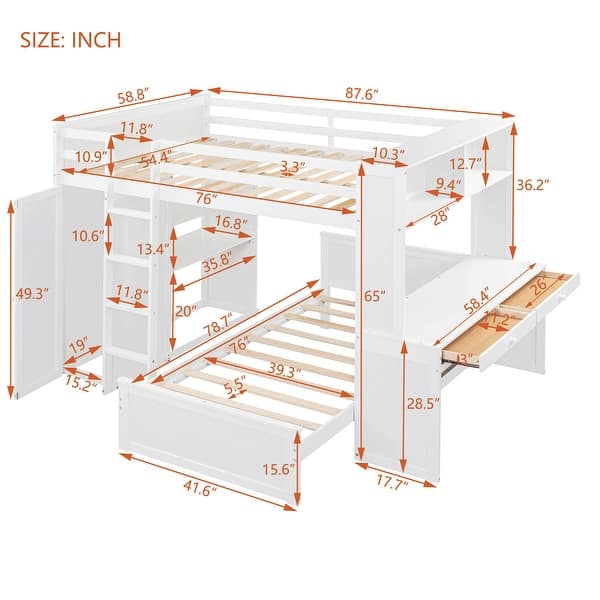 Modern Full size Loft Bed With Twin Size Stand-alone Bed,Shelves,Desk And Wardrobe,Versatile Use