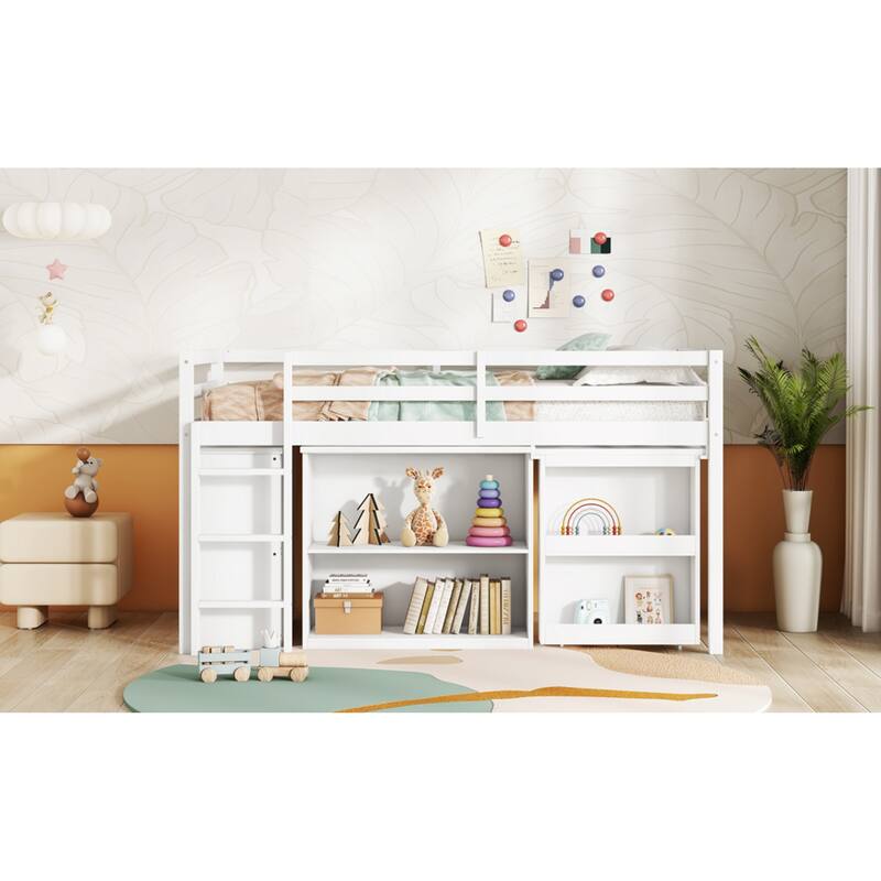 Roomfitters Twin Rubber Wood Loft Bed with Storage Cabinets and Pull-Out Desk, Safety Guardrail and Ladder