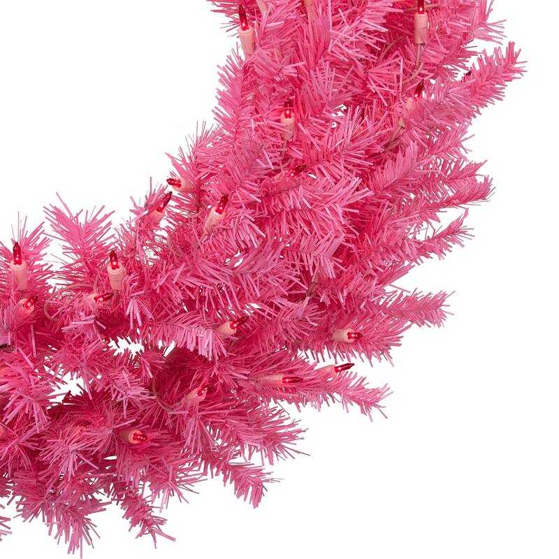 36" Pre-Lit Pink Spruce Artificial Christmas Wreath, Pink Lights