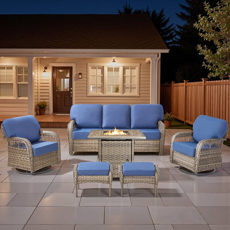 Pocassy Outdoor Sofa Ottoman Swivel Chair Table with Fire Table Set. - Gray Wicker Blue Cushion - 6-Piece Sofa Swivel Chair Ottoman w/ Fie Table