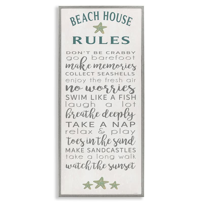 Stupell Fun Recreations Beach Rules Framed Giclee Art Design By Seven Trees Design - 13 x 30 - Grey