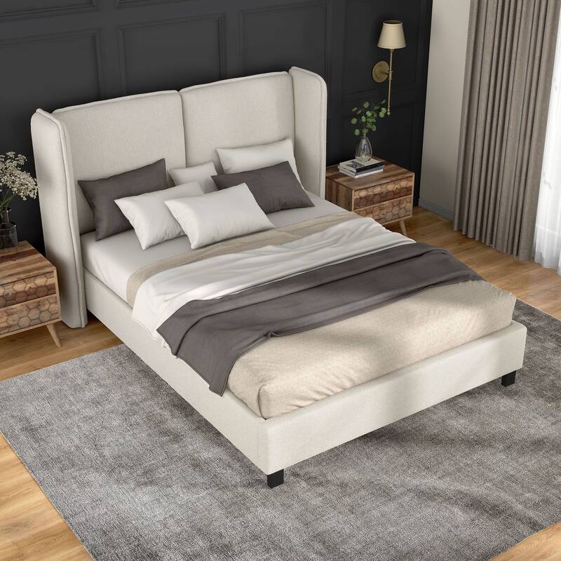 Janna Modern Boucle Fabric Queen-size Platform Bed with Wingback Headboard by Furniture of America