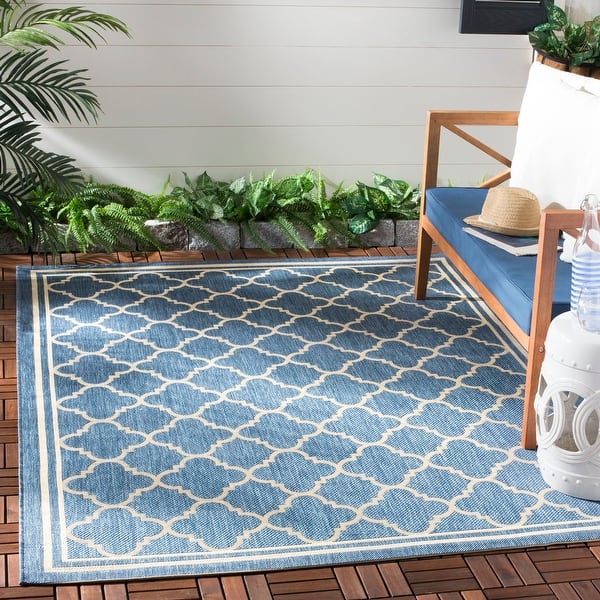 slide 2 of 10, SAFAVIEH Courtyard Kailani Indoor/ Outdoor Waterproof Patio Backyard Rug 2'7" x 5' - Blue/Beige
