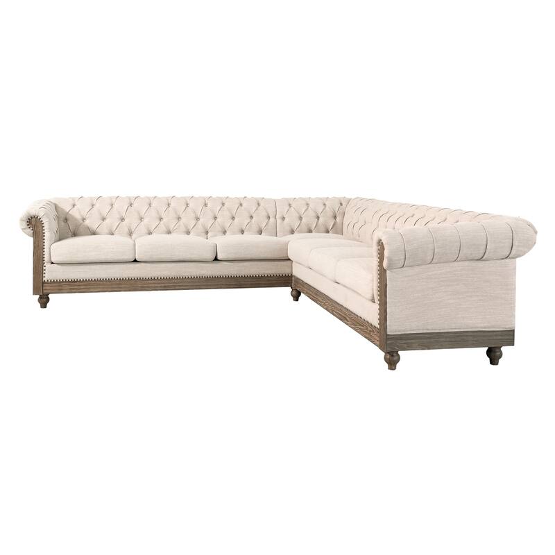 Large Sectional Sofa, Retro, Beige Polyester, Wooden Legs for Living Room