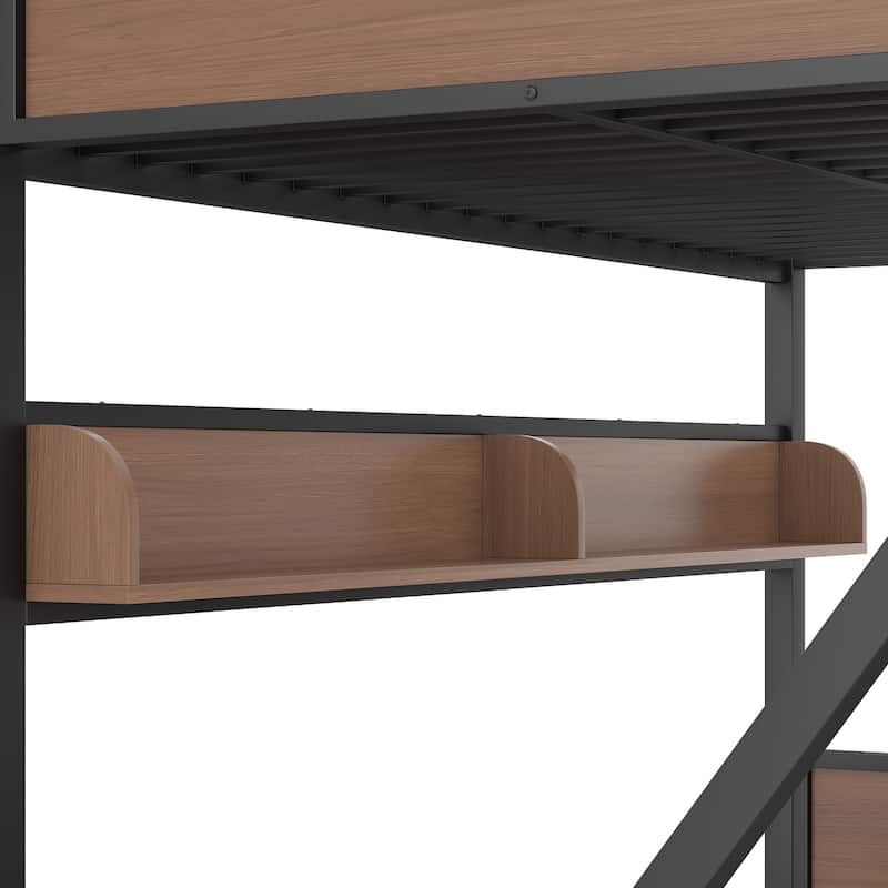 Queen over King Bunk Bed, Metal Bunk Bed with Storage Shelves and Lights, Space-saving & Noise-free Design