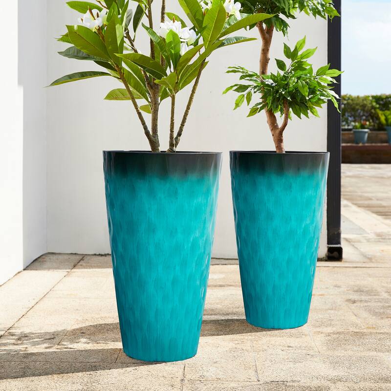 Glitzhome 23.75"H Set of 2 Oversized Wavy Texture Cobalt Blue/Turquoise/Red Tall Plastic Planter