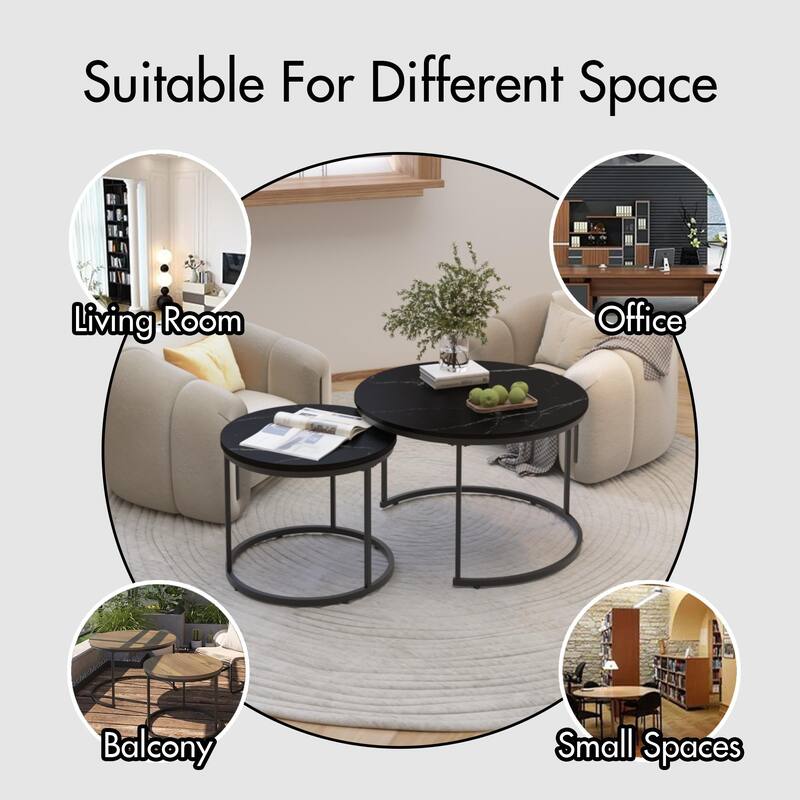 Anmytek Round Nesting Coffee Table Set 2 Piece Wood and Metal Side Tables for Living Room