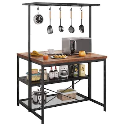 42" 3 Tier Kitchen Island Table with Storage Shelf and Hooks - N/A