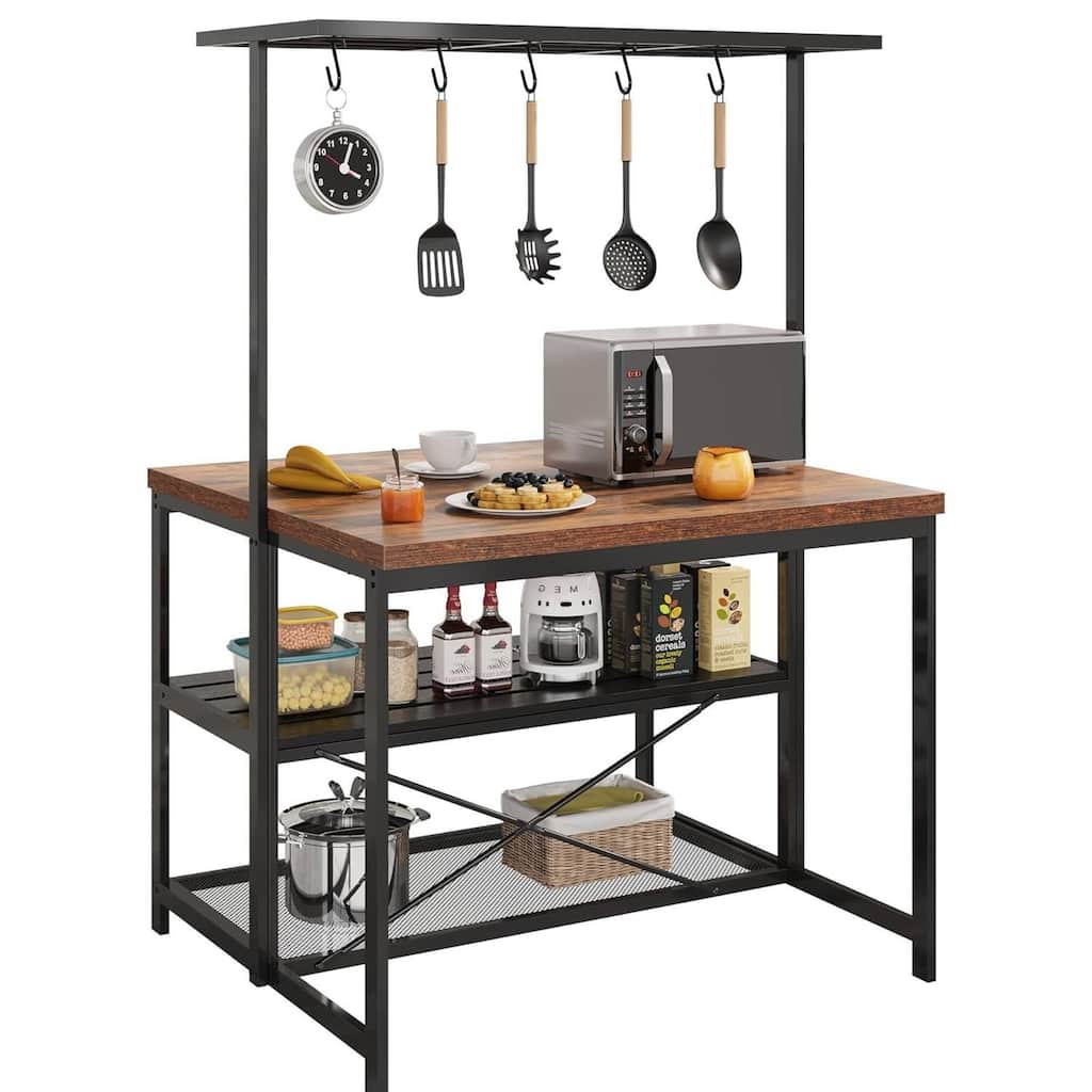 42" 3 Tier Kitchen Island Table with Storage Shelf and Hooks - N/A