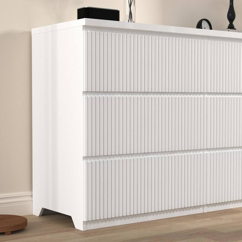 6 Drawer Storage Cabinet Dresser, Wood Storage Tower Clothes Organizer with Wavy Drawer Panel, Wide Chest of 6 Drawers