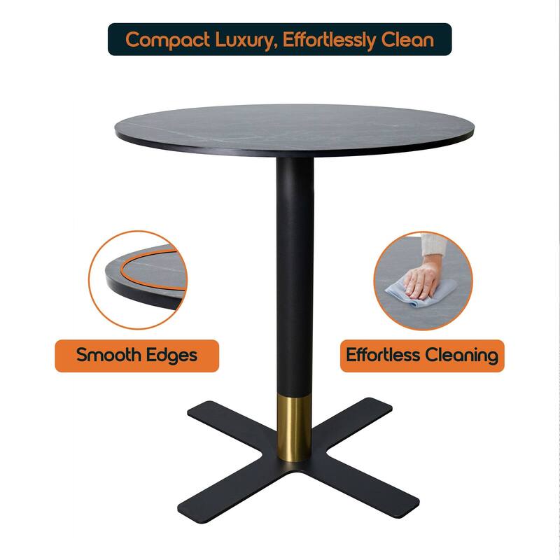 Vail Round Dining Table with 27 in. MDF Tabletop in Black Stainless Steel Cross Legs with Gold Accent Base Kitchen Table