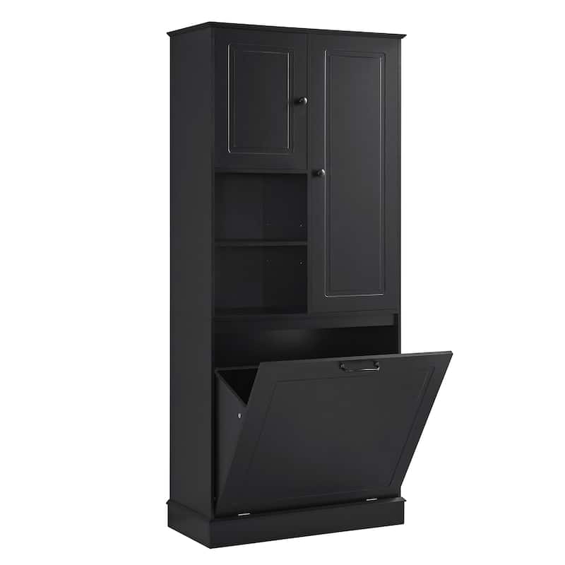 Storage Cabinet with Flip-Out Basket, Bathroom Cabinet with 2 Doors & Adjustable Shelves, Freestanding Floor Cabinet