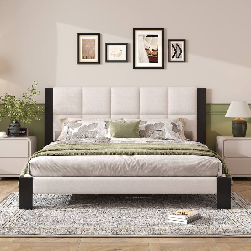 Roomfitters King Boucle Upholstered Bed Frame, Modern Platform Base with Square Tufted Headboard and Slats, Beige and Black