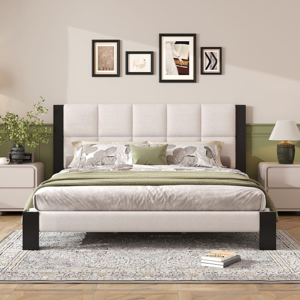 Roomfitters King Boucle Upholstered Bed Frame, Modern Platform Base with Square Tufted Headboard and Slats, Beige and Black