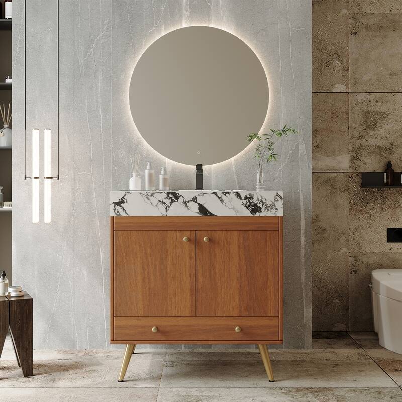 Mid-Century 30" Freestanding Bathroom Vanity with Faux Marble Top, Ceramic Sink & Gold Legs Cabinet - Walnut+White+Black