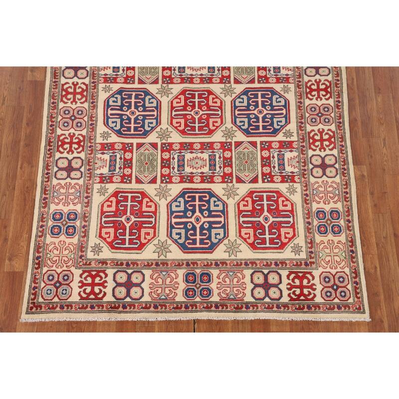 Geometric Kazak Oriental Area Rug Hand-Knotted Bedroom Wool Carpet - 5'0" x 6'9"