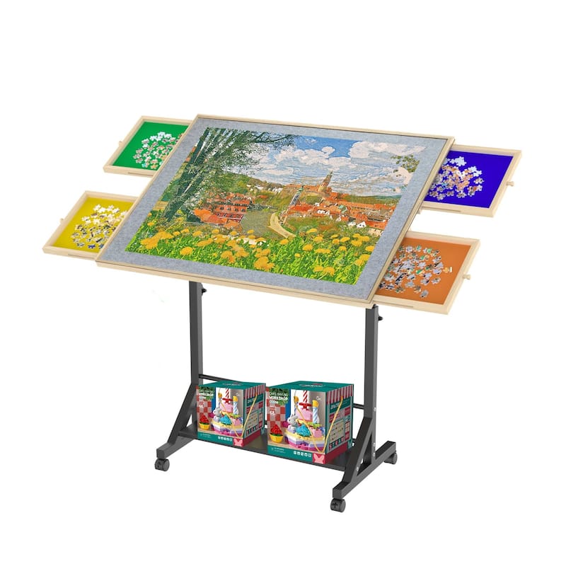 Wooden 1500 Piece Puzzle Table With Drawer,360°Tilting Puzzle Table With Legs And Wheels,Adjustable Height And Angle