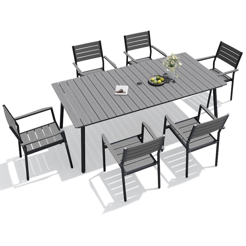 7/9-piece Outdoor Aluminum Rectangle Patio Dining Table with Umbrella Hole and Chairs - 82.5in-Grey