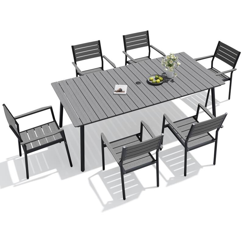 7-Piece Outdoor Patio Dining Set Wood-Like Table Top Alumium Umbrella Hole Table with Stackable Armrest Dining Chairs