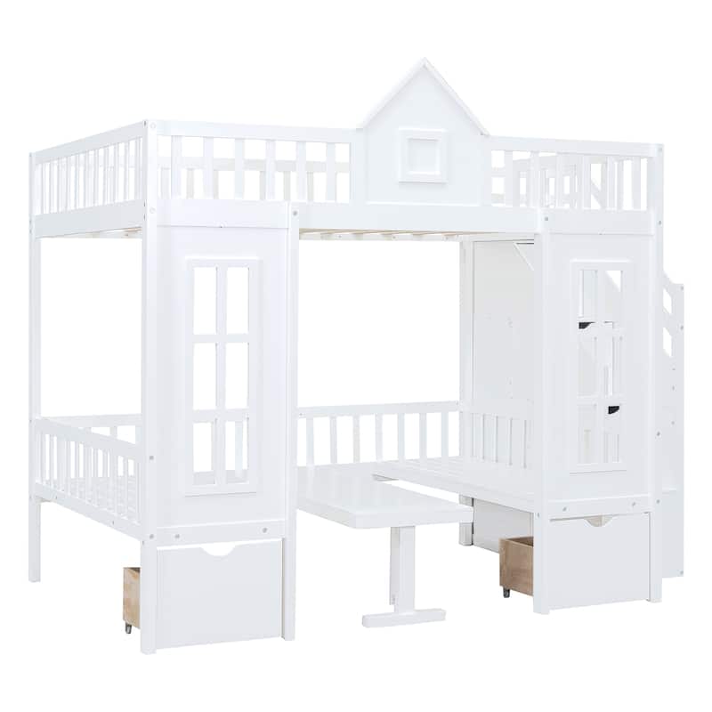 Full Size Wooden Loft Bunk Bed with Table, Seats, and Storage Shelves