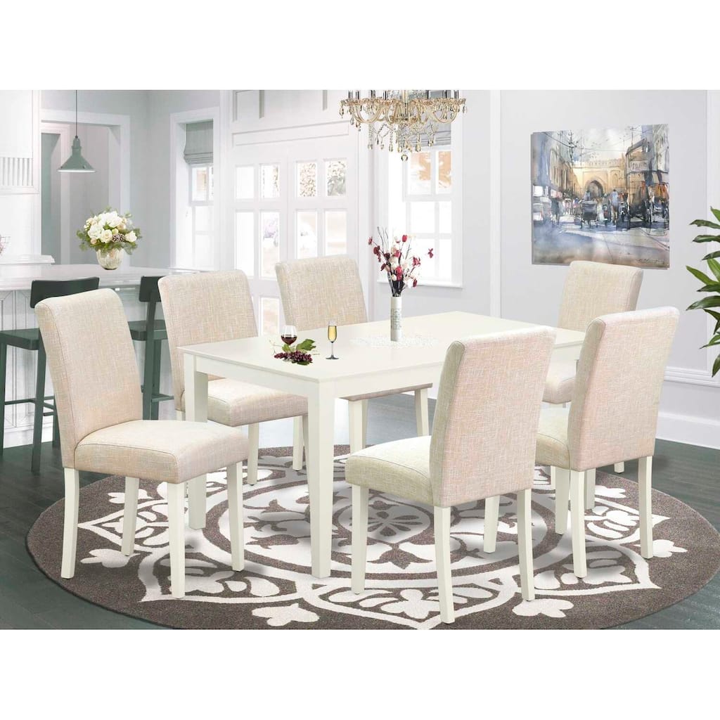 HomeStock 7-Pc Rectangle Linen White Finish Solid Wood Top Dining Table with 6 Parson-Chairs