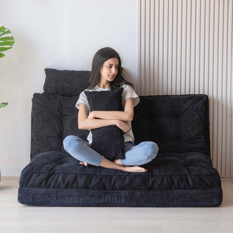 Corduroy Bean Bag Bed Tufted Folding Sofa Bed with Pillows