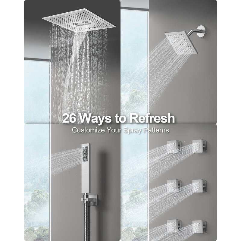 GRANDJOY LED Music Shower System 16" & 6" Dual Shower Heads with 6 Body Jets