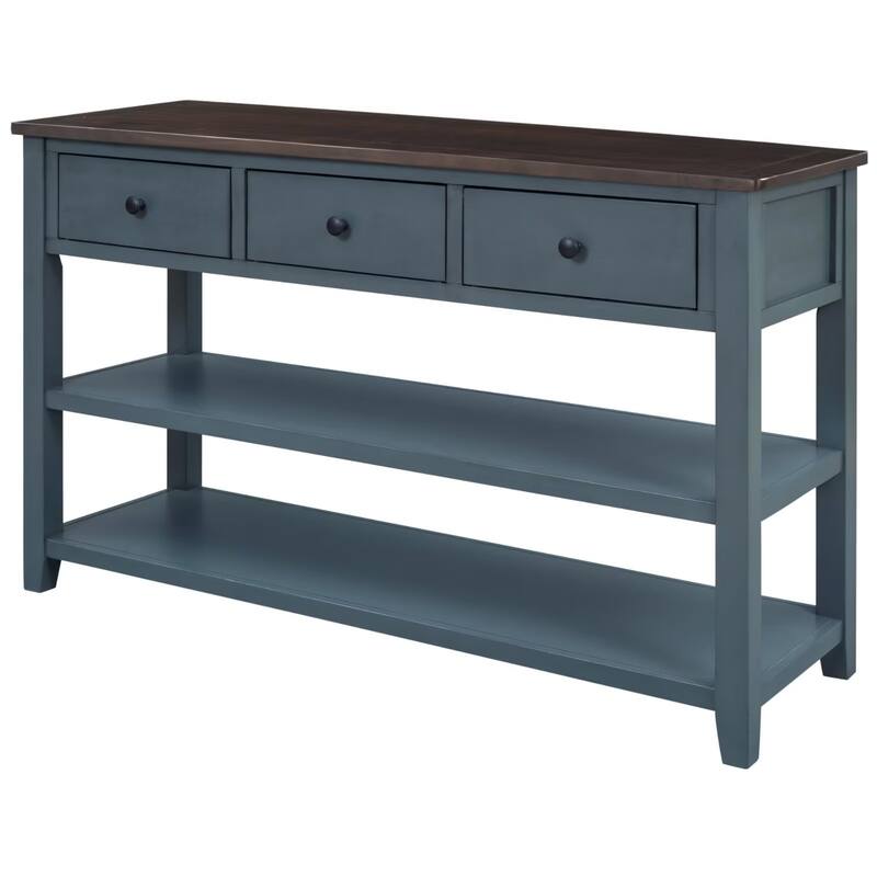 Retro Console Table Sofa Table with 2 Open Shelves and 3 Drawers, Pine Solid Wood Frame and Legs for Living Room, Entryway
