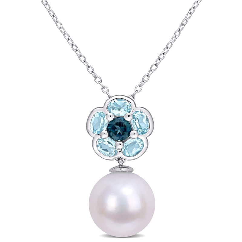 Miadora Sterling Silver Cultured Freshwater White Pearl and Blue Topaz Floral Necklace (11-12mm)