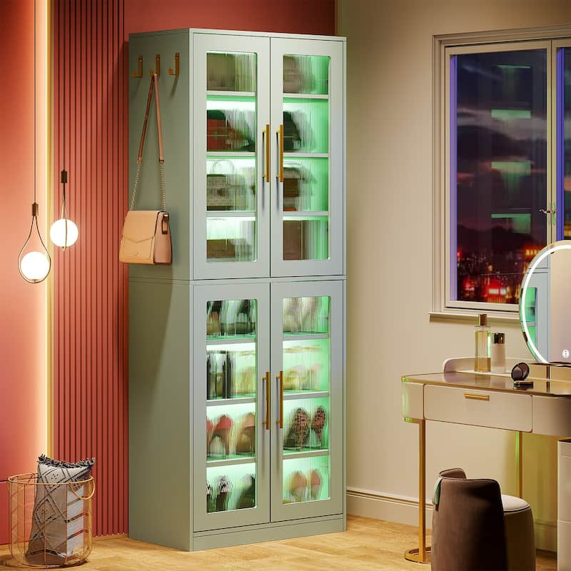 Modern Tall Entryway Shoe Storage Cabinet with Acrylic Doors and LED Light - 8-Tier
