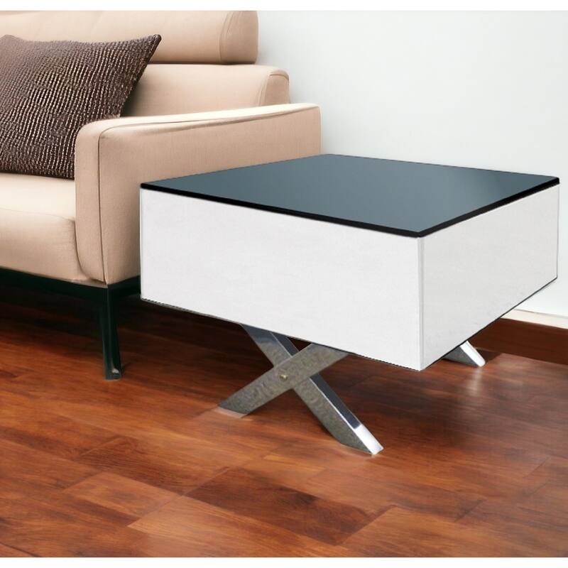 HomeRoots 20" Black And White Mirrored Glass Square Cross Legs End Table - 24' X '20' X '24 - White - Glass