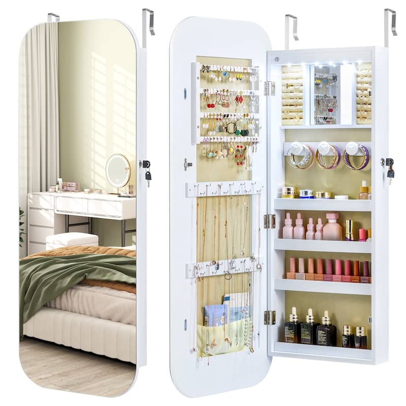 Wall Mounted or Door Hanging Jewelry Cabinet with LED Lights and Full-Length Mirror White - 16.5" x 10" x 42.5" (L x W x H)