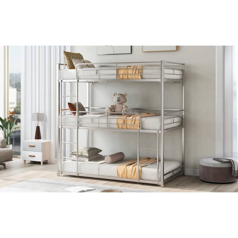 Metal Triple Bunk Bed Frame Sturdy Steel Slat Support