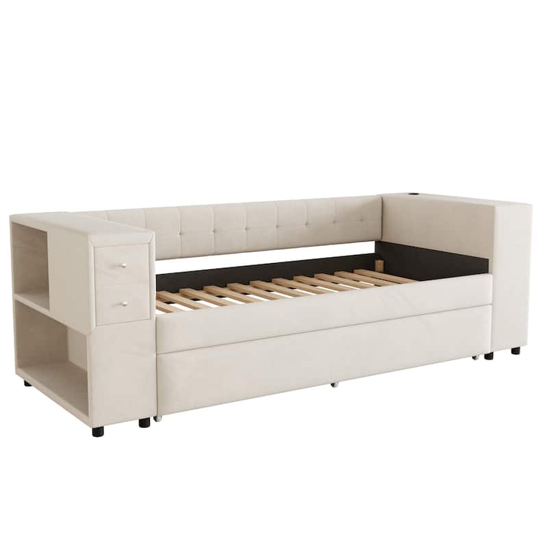 Twin Upholstered Bed with Storage and Twin Trundle, USB Charging Ports, French Velvet