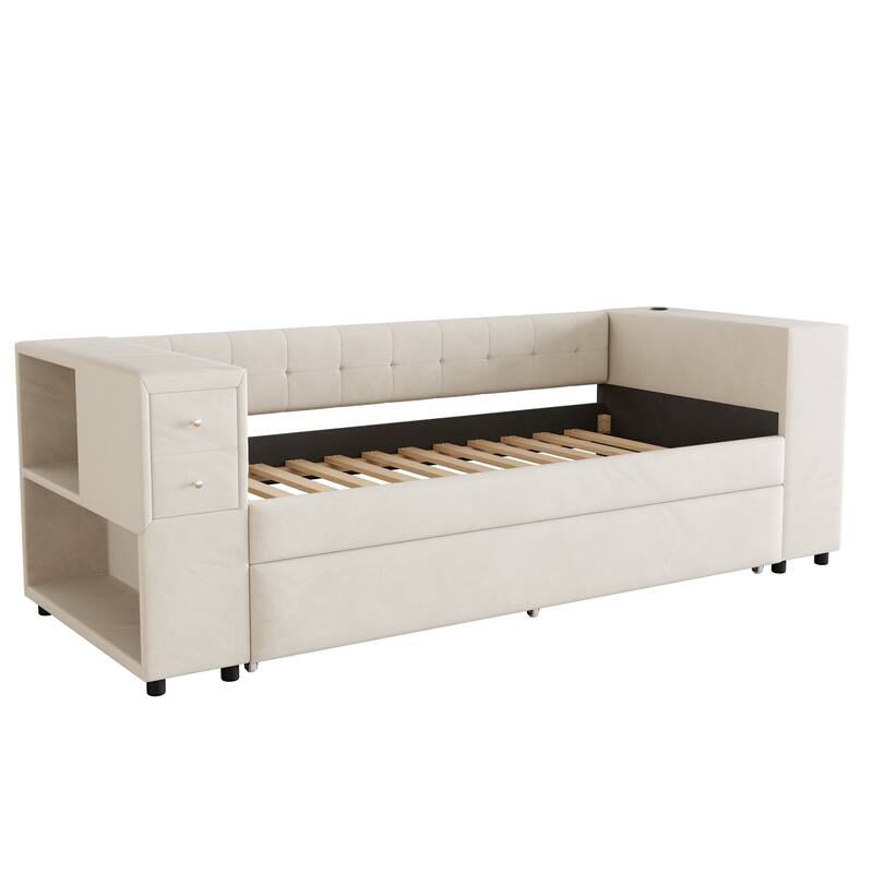 Twin Velvet Upholstered Platform Bed with Trundle, USB Charging, Storage Drawers, Beige/Gray