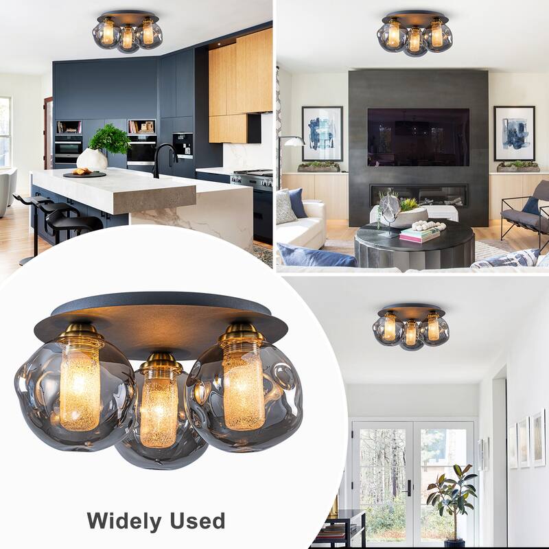 3 Lights Black Flush Mount Ceiling Light with Smoked Glass Shades - Dia.15.74-in