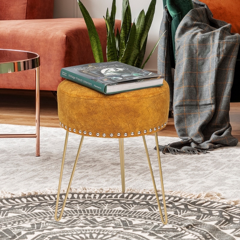 Adeco Round Footstool Ottoman Velvet Dressing Stool Gold Metal