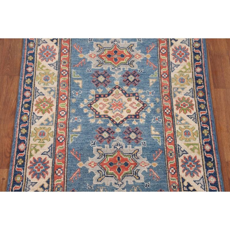 Blue Geometric Kazak Accent Rug Handmade Wool Carpet - 2'8" x 4'3"