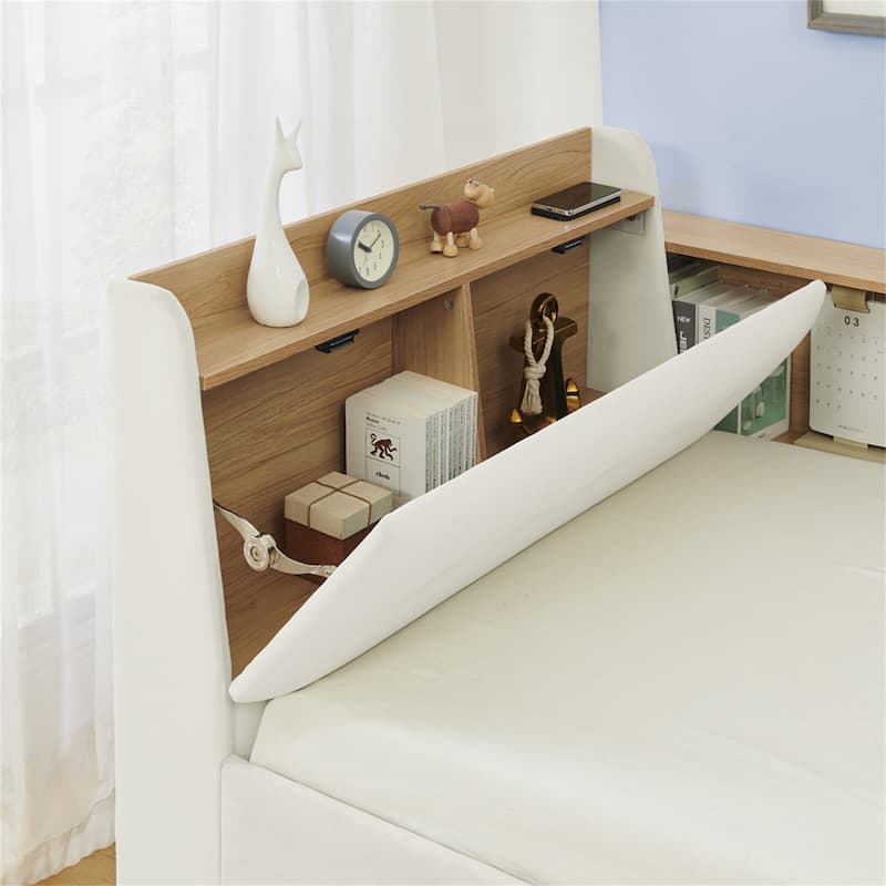 Queen Size Hydraulic Storage Bed with Integrated Headboard, Chenille Fabric