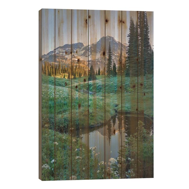 USA. Washington State. Mt. Rainier reflected in tarn amid wildflowers, Mt. Rainier National Park I Print On Wood by Gary Luhm - 26x18x1.5