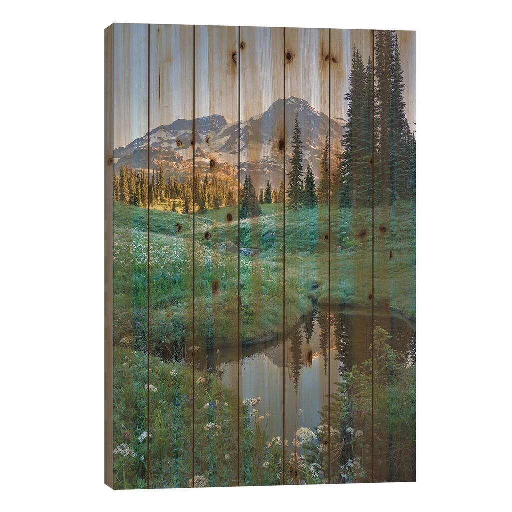 USA. Washington State. Mt. Rainier reflected in tarn amid wildflowers, Mt. Rainier National Park I Print On Wood by Gary Luhm