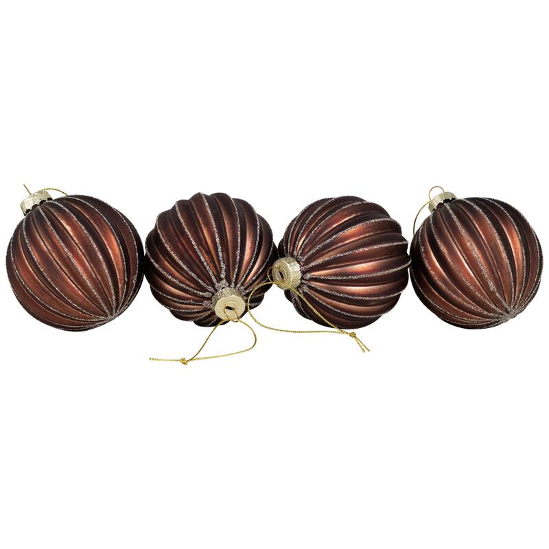 4ct Champagne Chocolate Glittered Ball Christmas Ornaments 3" 80mm