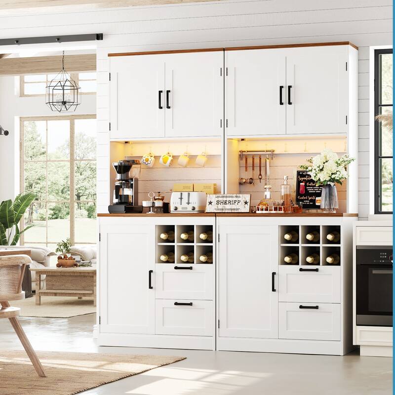 Farmhouse 72" Tall Kitchen Pantry Cabinet with Charging Station, Coffee Bar Cabinet with Hutch and LED Light
