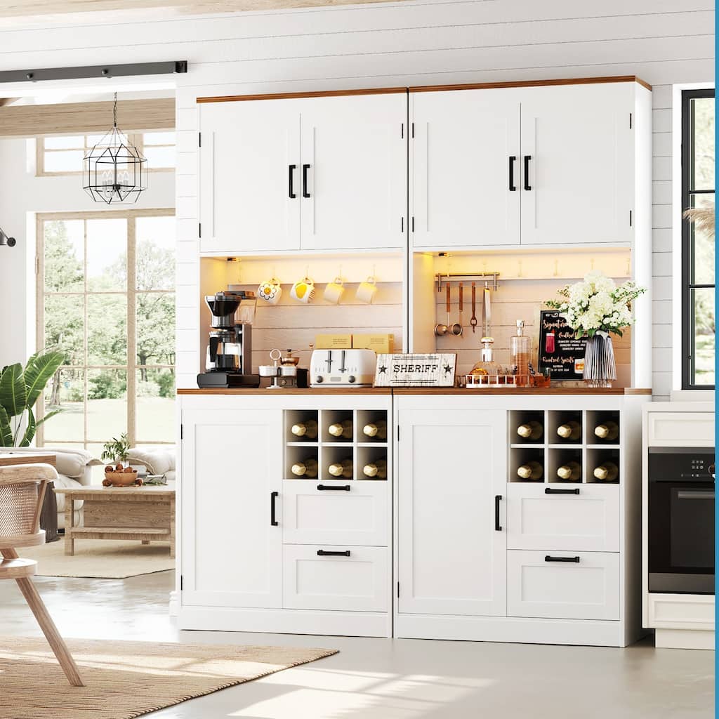Farmhouse 72" Tall Kitchen Pantry Cabinet with Charging Station, Coffee Bar Cabinet with Hutch and LED Light