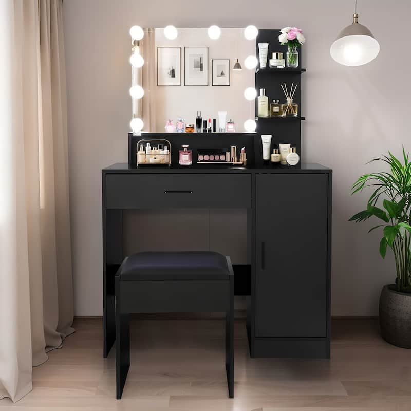 Vanity Desk with Mirror and Lights,with Drawer & Storage Cabinet,3 Lighting Modes Adjustable Brightness,with Open Shelves - Black