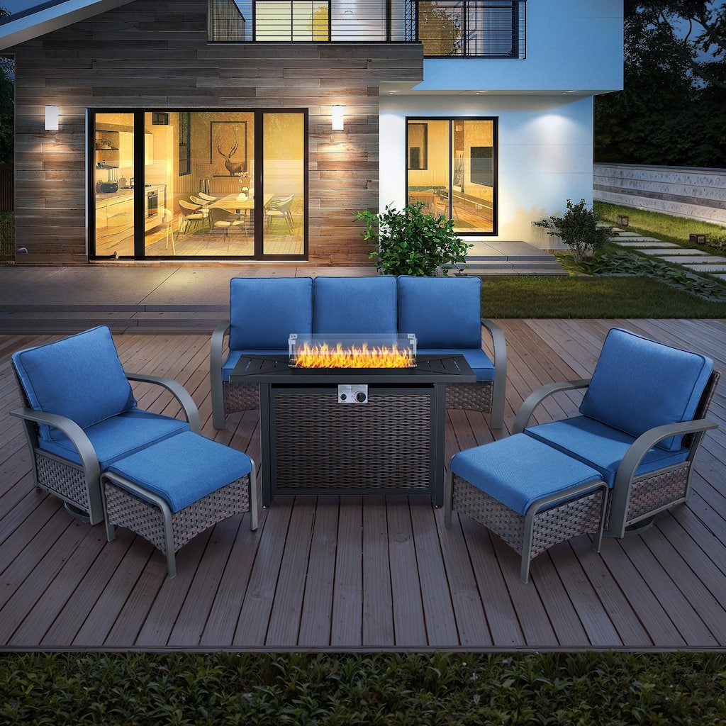 Patio Sofa with Fire Pit Table and Swivel Chair Ottoman