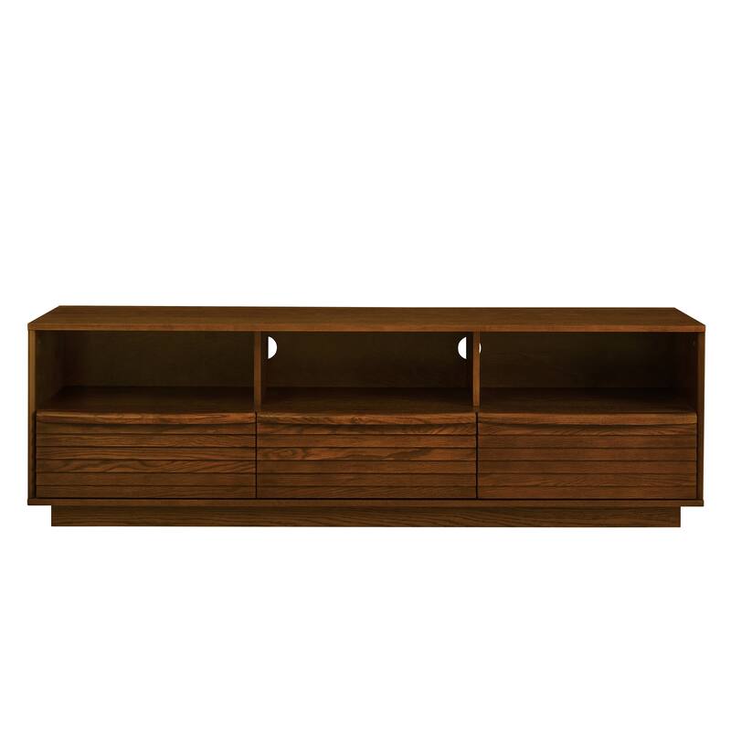 63" Mid-Century Modern TV Stand for TVs up to 75", Entertainment Center with 3 Solid Wood Drawers & Outlet Holes, Open Storage